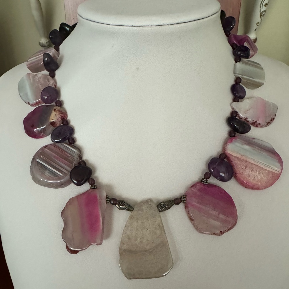 Homemade natural stones boho necklace 17”